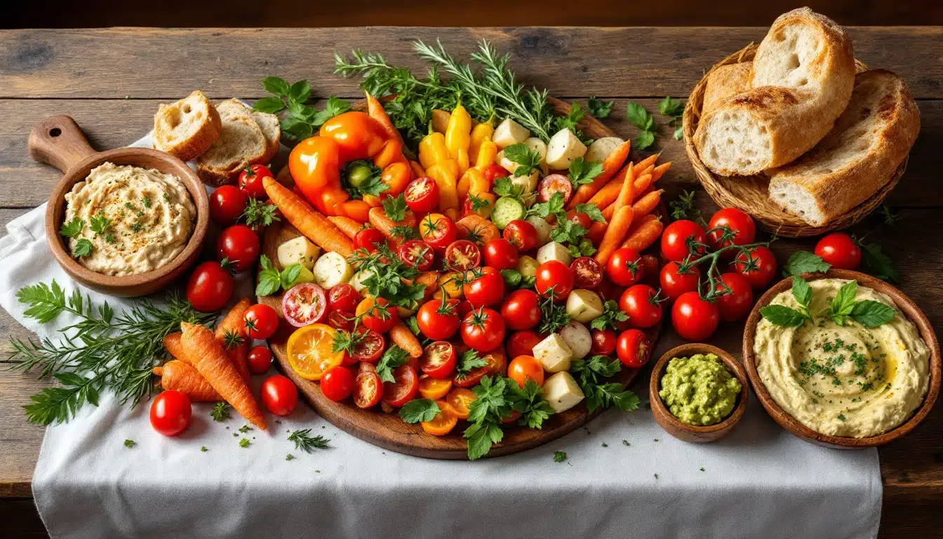 Plateau de légumes frais avec dips et pain.