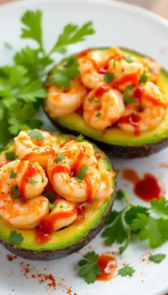 Avocats farcis de crevettes avec sauce épicée.