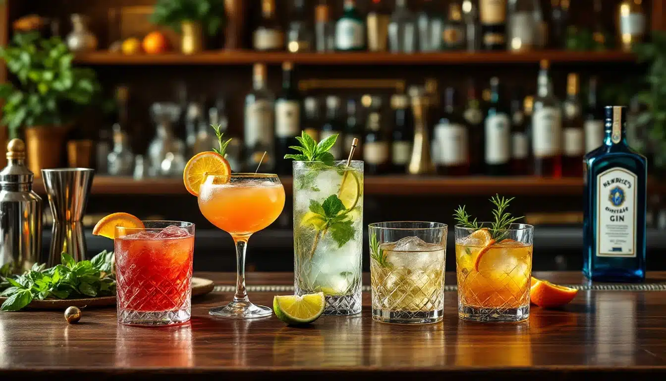 Cocktails variés sur un bar en bois