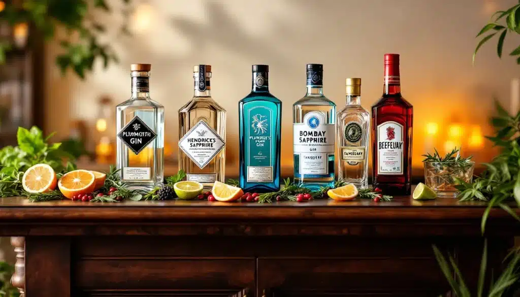 Bouteilles de gin et agrumes sur un bar.