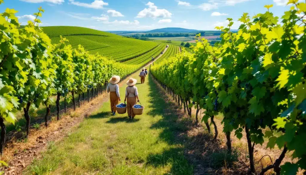 Vendangeurs dans un vignoble ensoleillé, récoltant des raisins.