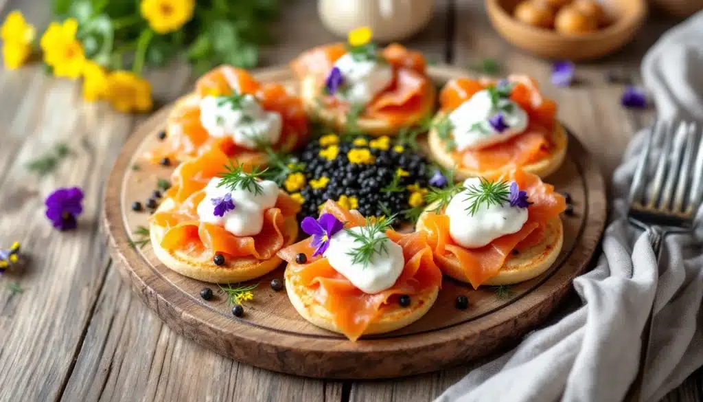 Plateau de blinis au saumon et crème fraîche.