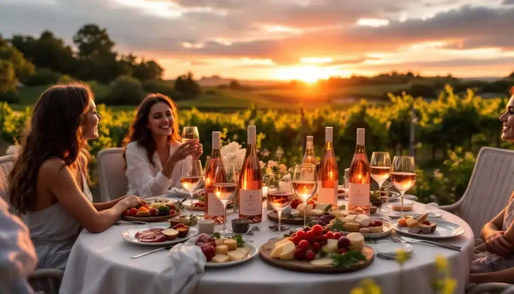Dégustation de vin au coucher du soleil, pique-nique chic.