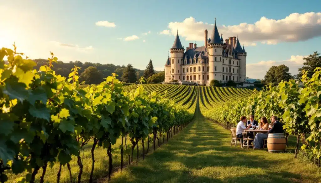Château entouré de vignes avec personnes discutant.