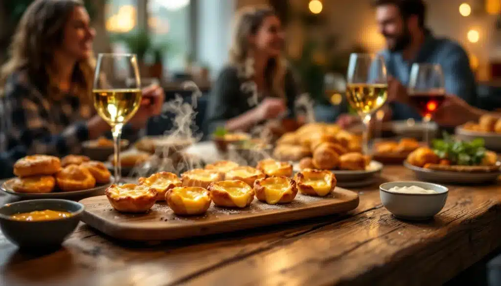 Dîner convivial avec tartelettes et vin blanc.