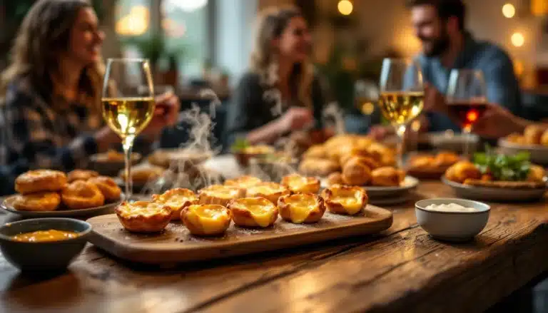 Dîner convivial avec tartelettes et vin blanc.