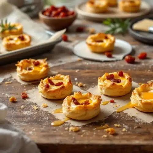 Tartelettes sucrées garnies de confiture sur table en bois.
