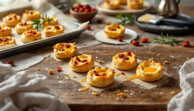 Tartelettes sucrées garnies de confiture sur table en bois.
