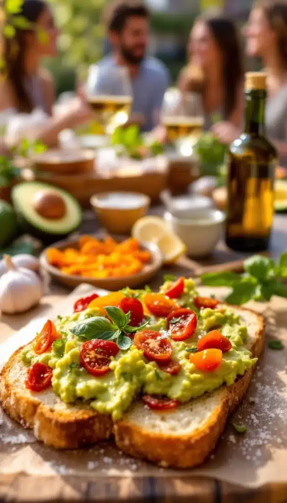 Pain à l'avocat et tomates, déjeuner en extérieur.