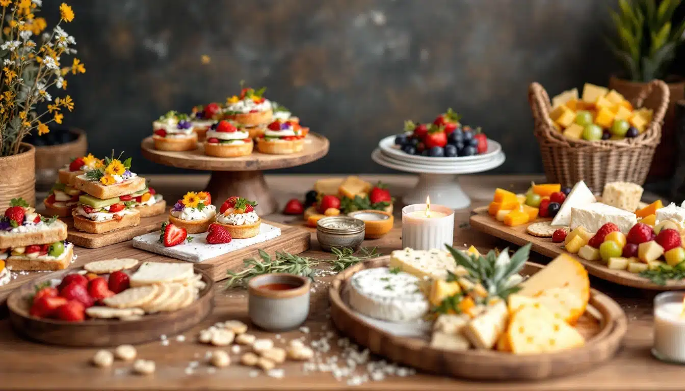 Buffet de desserts et fromages avec fruits frais.