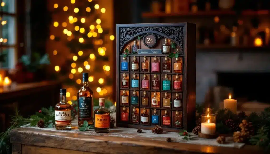 Calendrier de l'Avent spiritueux et bouteilles, ambiance festive.