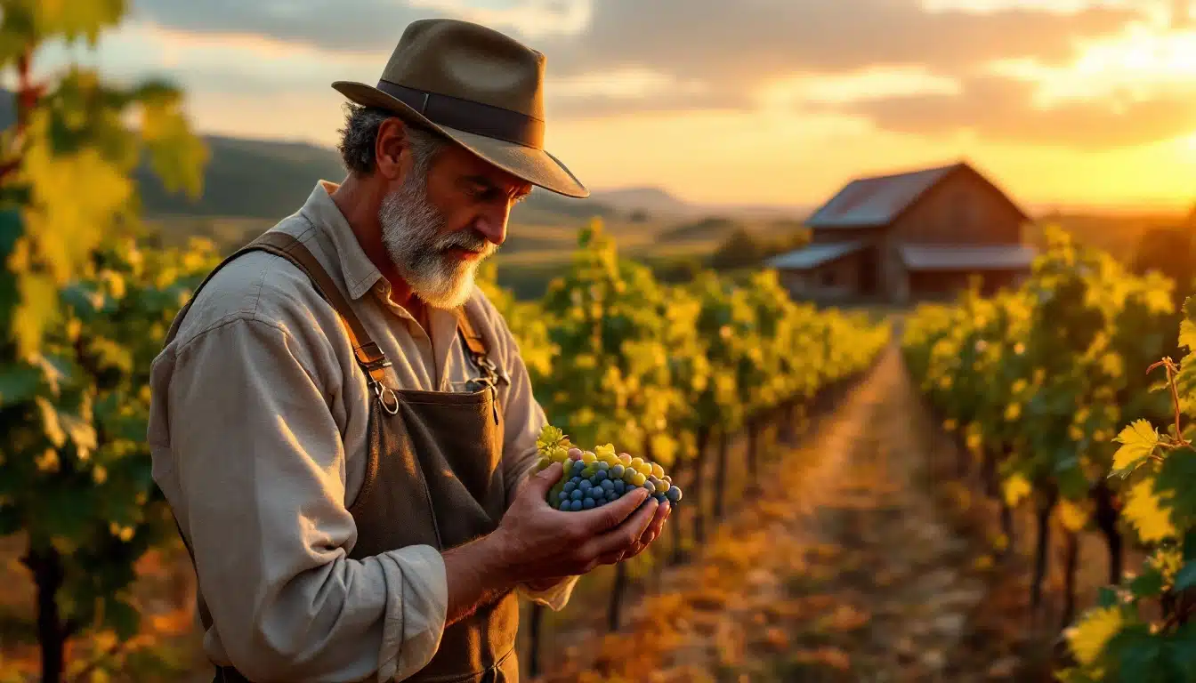 Vigneron avec raisins au coucher de soleil, vignoble.