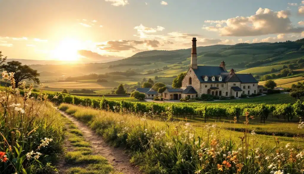 Vignoble pittoresque au coucher du soleil, maison campagne.