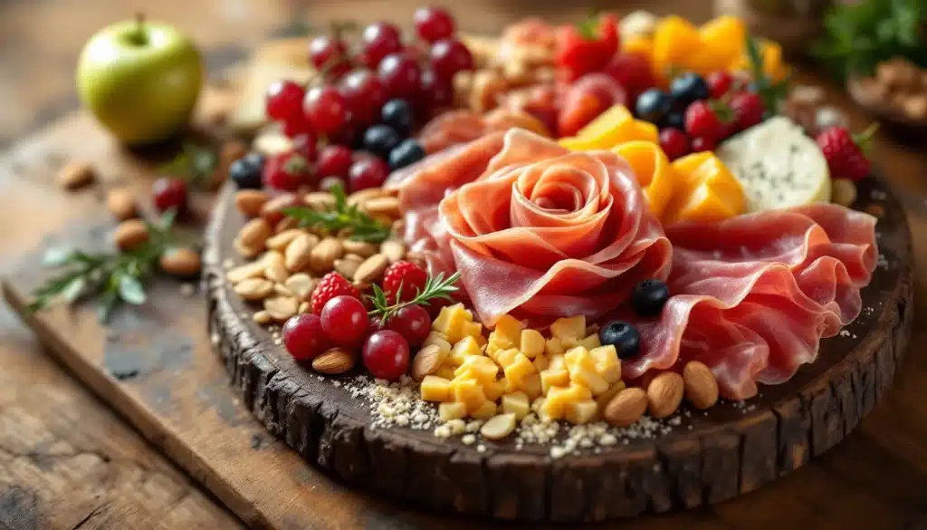 Plateau de charcuterie et fromages sur planche de bois.