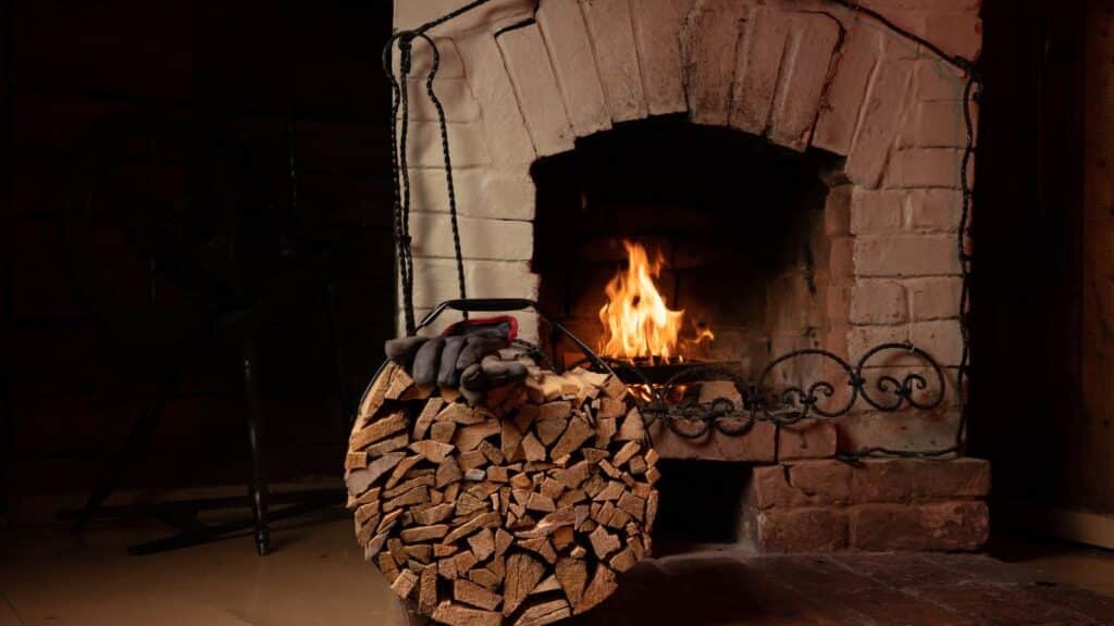 Cheminée avec feu et bois empilé devant.