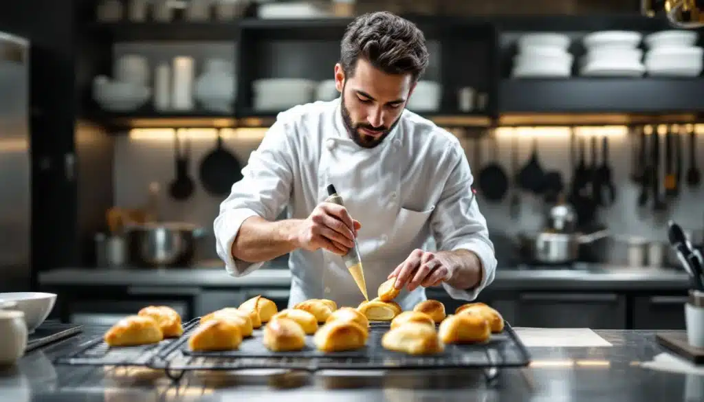 Chef préparant des pâtisseries en cuisine professionnelle.