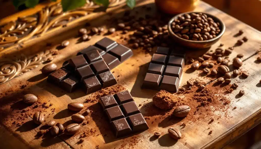 Tablette de chocolat et grains de café.