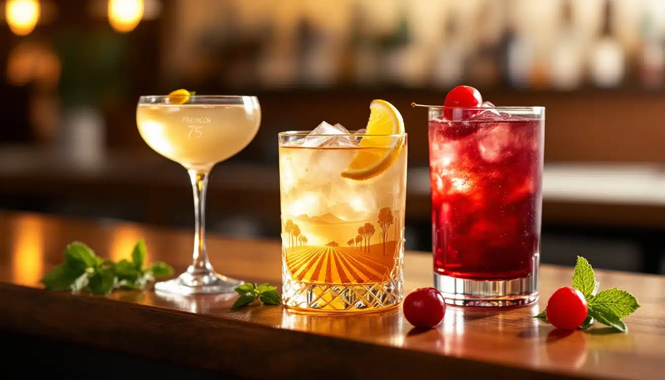 Trois cocktails colorés sur un bar en bois.