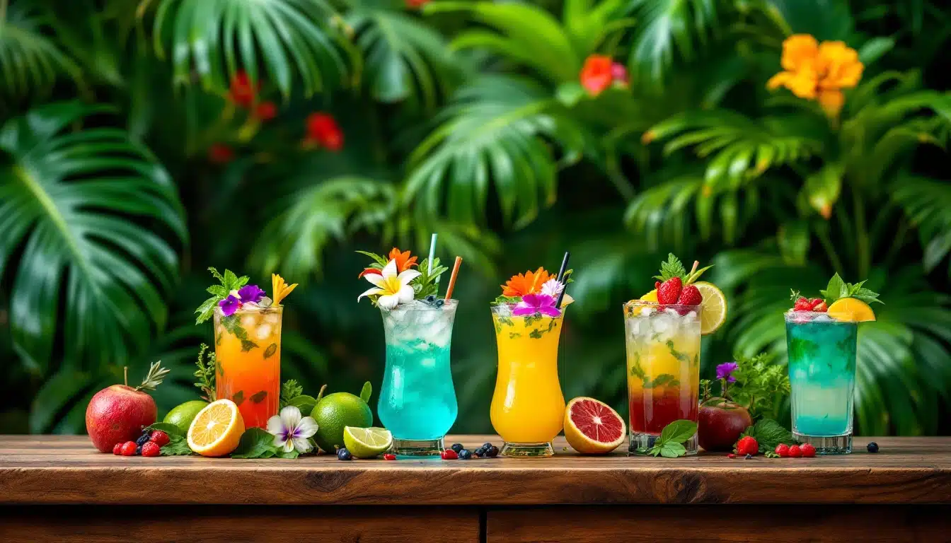 Cocktails colorés avec des fruits tropicaux en arrière-plan.