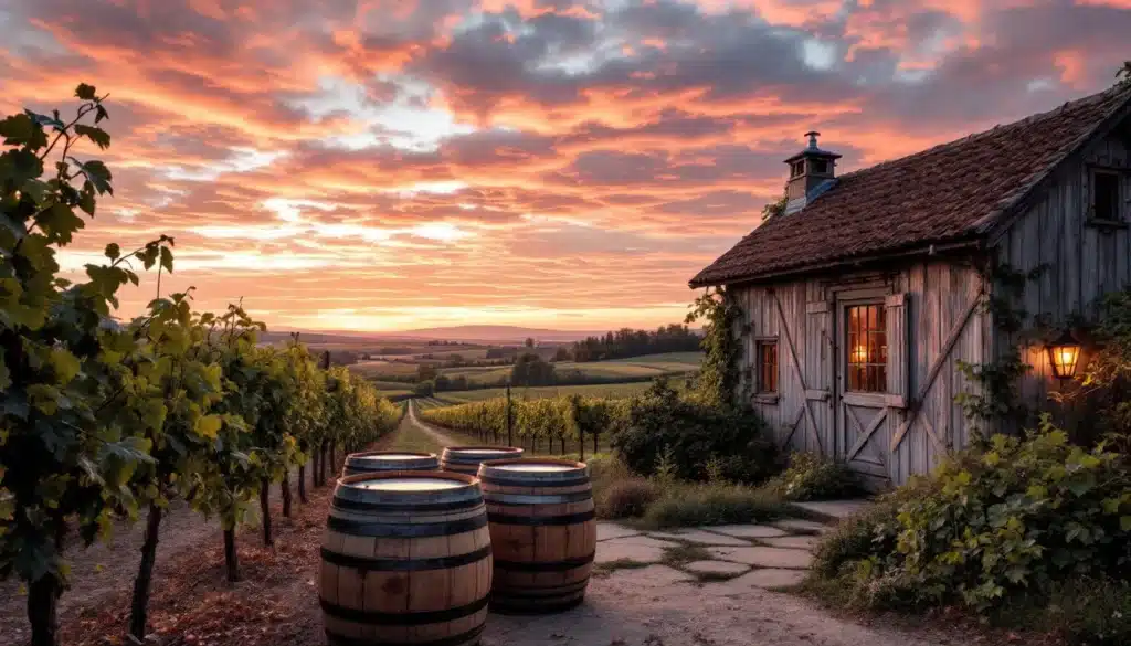 Vignoble au coucher du soleil avec tonneaux en bois.