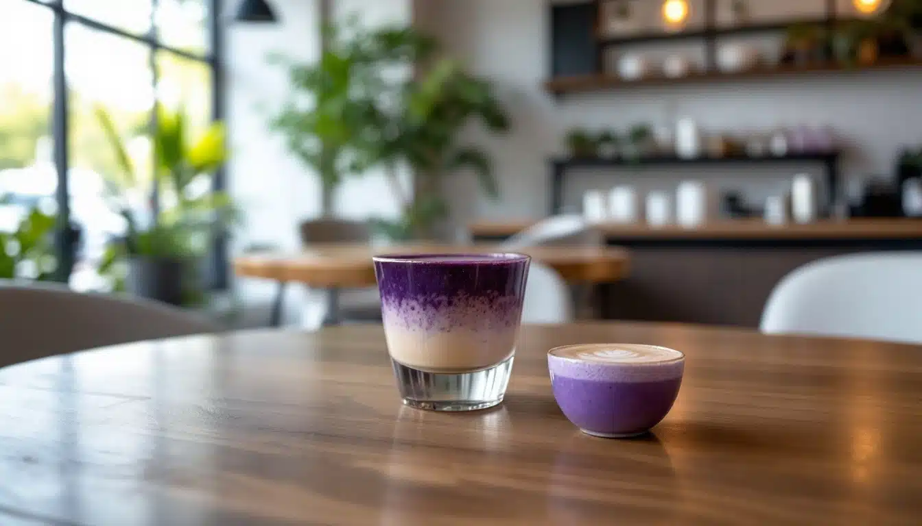 Deux boissons violettes sur une table en café.