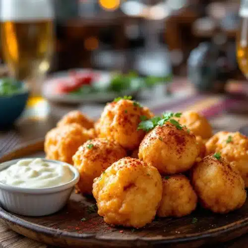 Assiette de beignets de pommes de terre avec sauce.