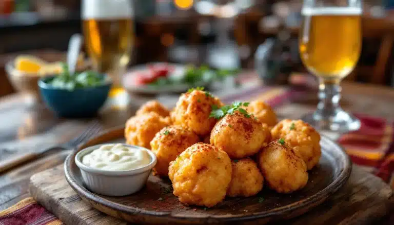 Assiette de beignets de pommes de terre avec sauce.
