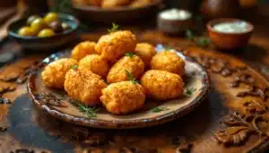 Croquettes de pommes de terre dorées sur assiette.