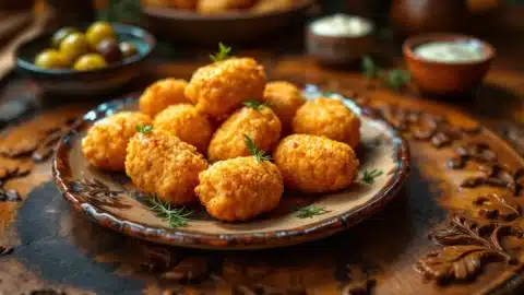 Croquettes de pommes de terre dorées sur assiette.