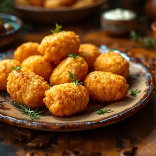 Croquettes de pommes de terre dorées sur assiette.