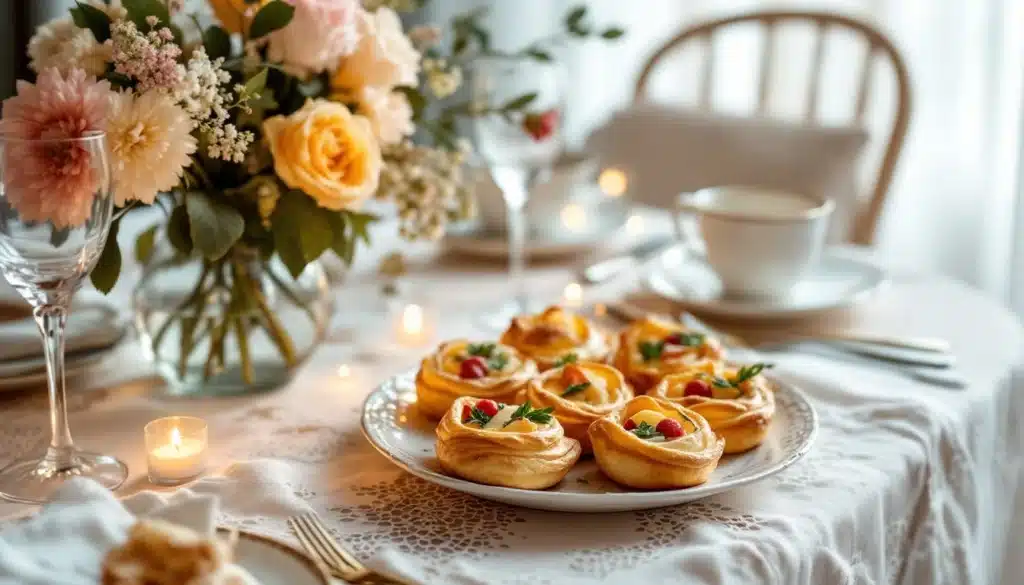 Table élégante avec fleurs et pâtisseries décoratives.