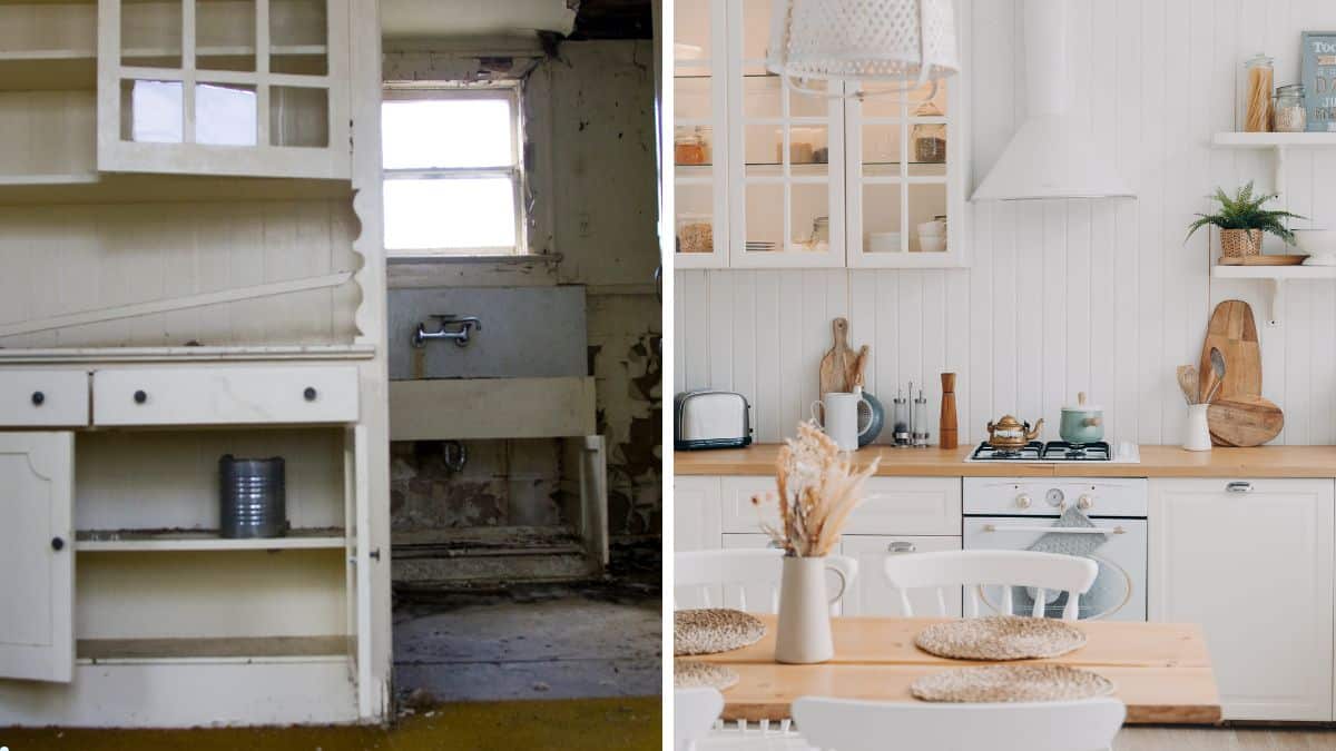 Comparer vieille cuisine et cuisine moderne lumineuse.