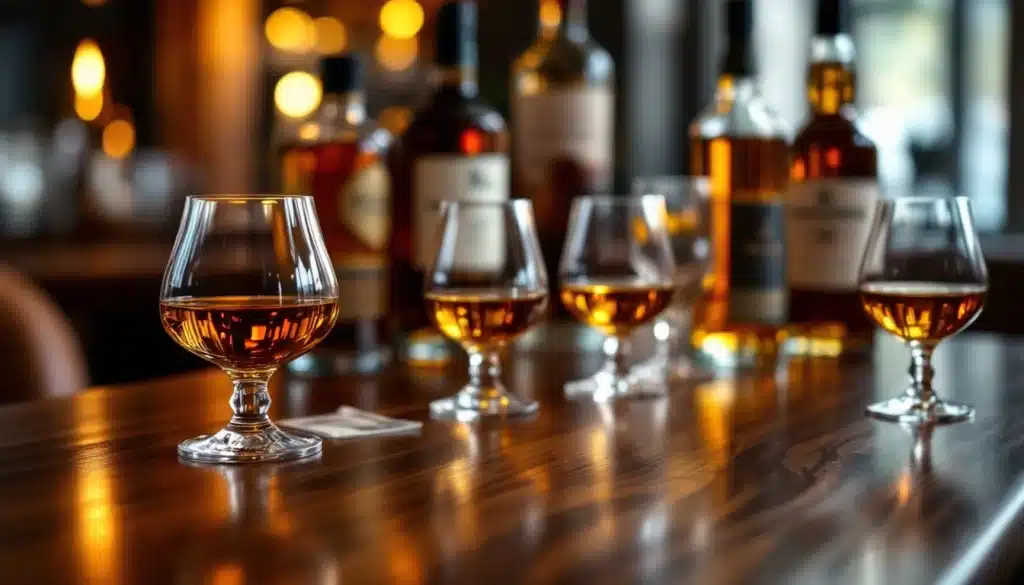 Verres de cognac sur table en bois.