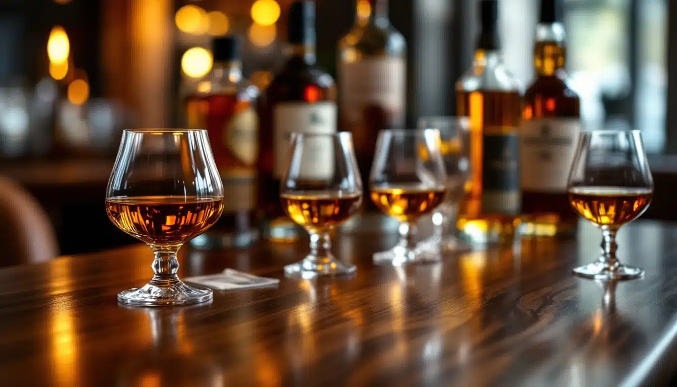 Verres de cognac sur table en bois.