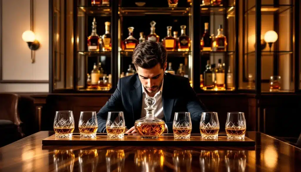 Homme dégustant des verres de whisky dans un bar.