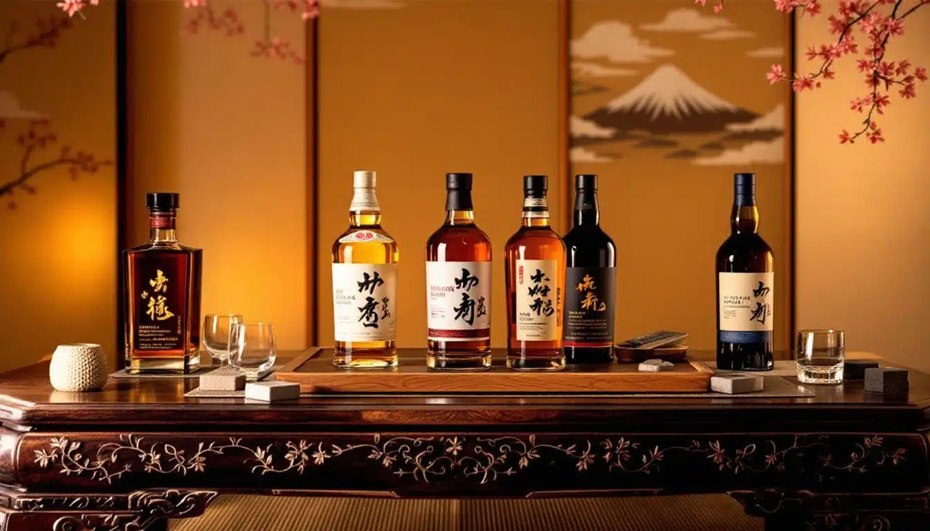 Bouteilles de whisky japonaises sur table décorée.