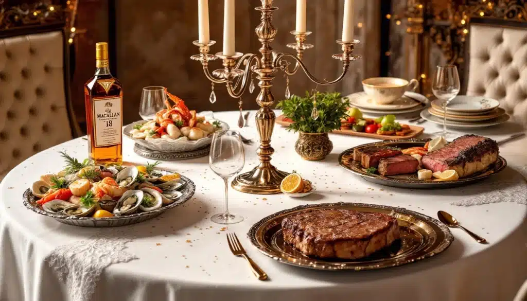 Dîner luxueux avec fruits de mer, viande et whisky.