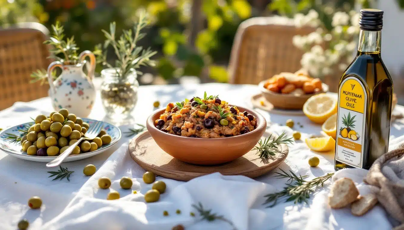 Repas méditerranéen avec huile d'olive et olives.