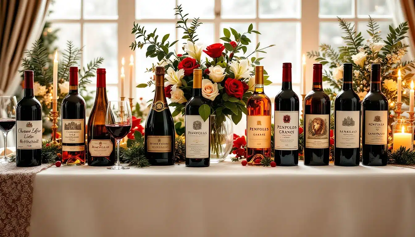 Bouteilles de vin sur une table décorée de fleurs