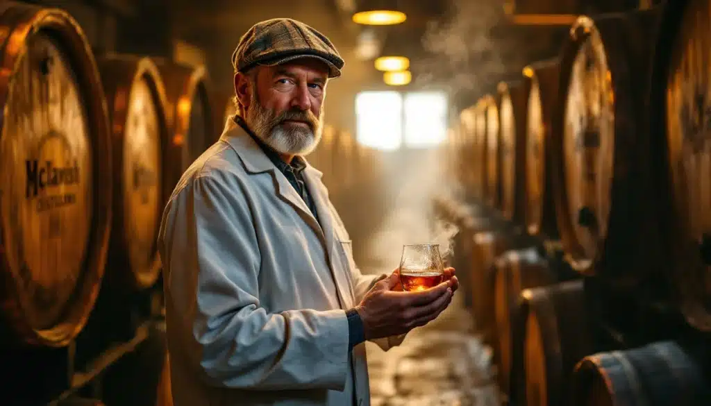 Homme tenant verre, entouré de tonneaux de whisky.