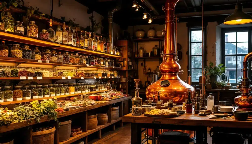 Intérieur d'une distillerie artisanale avec herbes et épices.