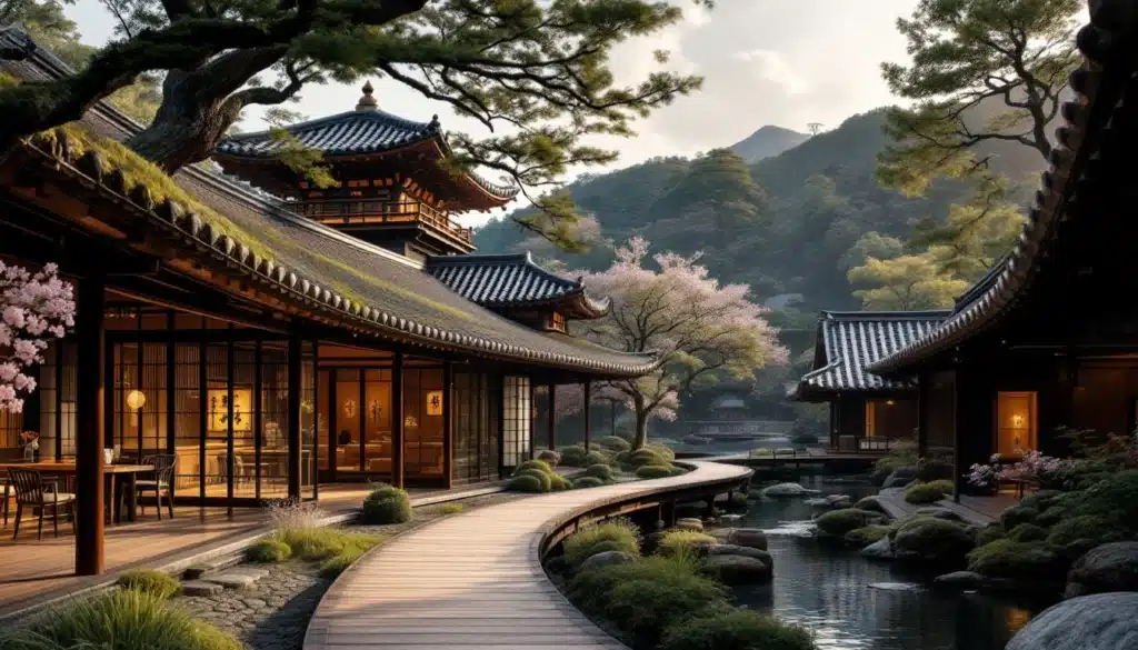 Jardin japonais traditionnel avec cerisiers en fleurs.