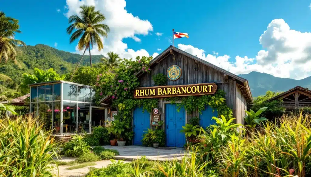 Bâtiment en bois Rhum Barbancourt, nature tropicale.