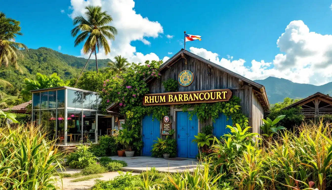 Bâtiment en bois Rhum Barbancourt, nature tropicale.