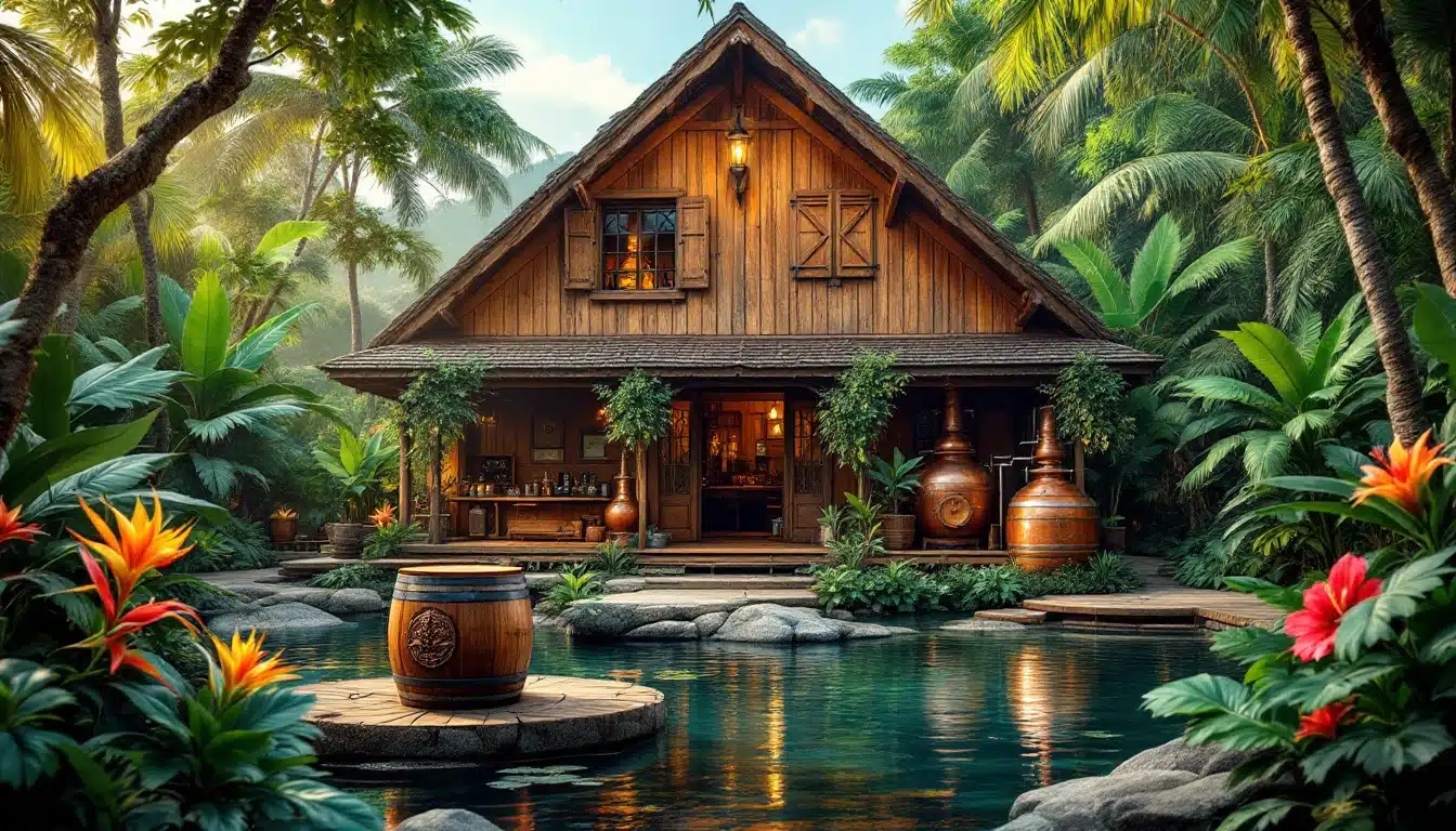 Chalet en bois entouré de jungle tropicale luxuriante.