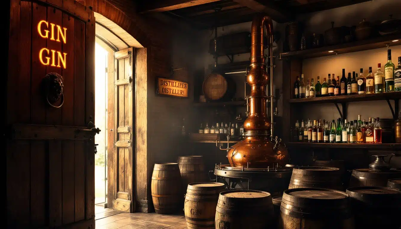 Distillerie de gin avec barils et alambic en cuivre.