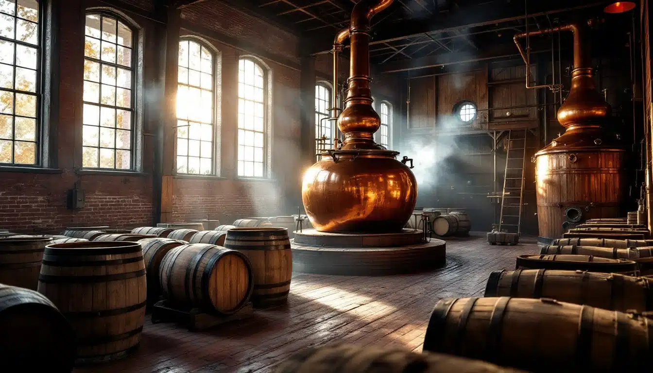 Distillerie traditionnelle avec alambics et fûts en bois.