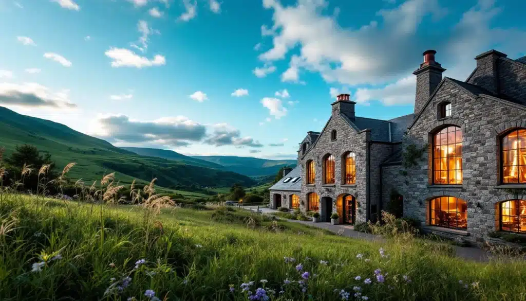 Maison en pierre dans la campagne verdoyante.