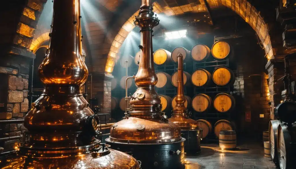 Distillerie avec alambics en cuivre et tonneaux bois.