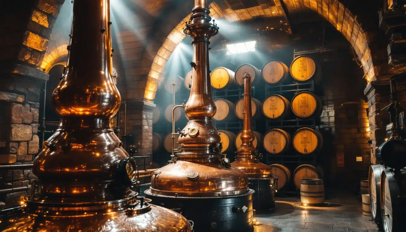 Distillerie avec alambics en cuivre et tonneaux bois.